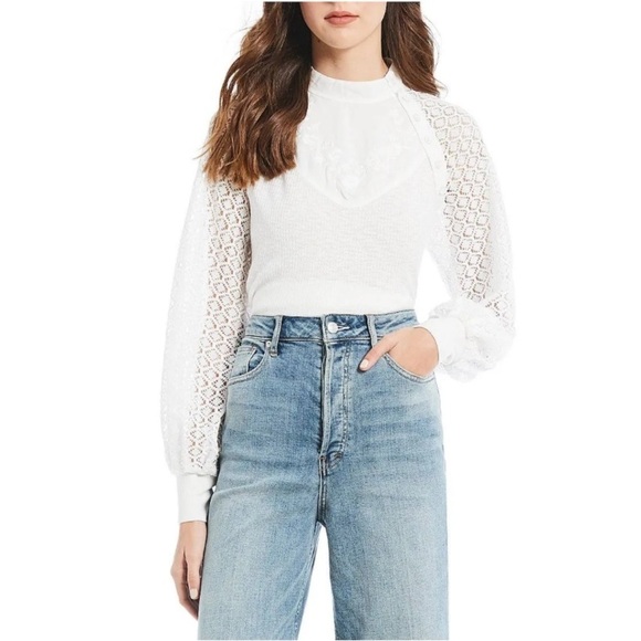 Free People Sweetest Thing Thermal White Balloon Long Sleeve Top Sz Large - Picture 1 of 14